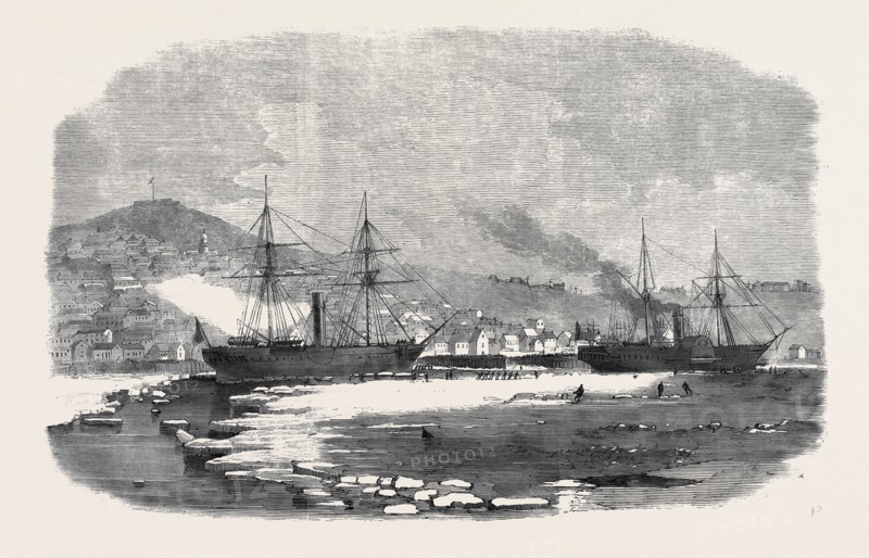 THE ENGLISH AND NEWFOUNDLAND MAIL VESSELS MAKING THEIR WAY THROUGH THE ICE IN HALIFAX HARBOUR, NOVA SCOTIA