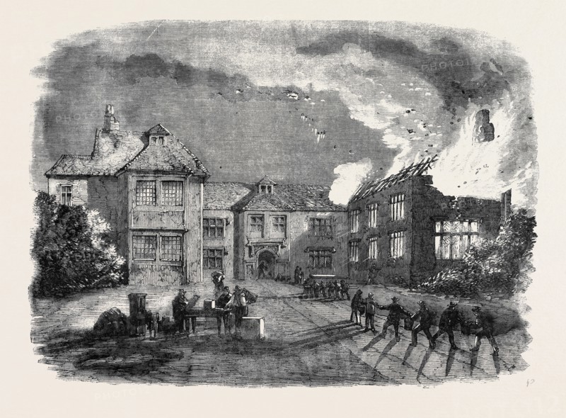 DESTRUCTION BY FIRE OF BIRDINGBURY HALL, WARWICKSHIRE, FROM A SKETCH BY MR. R.G. SWEETING, OF SOUTHAM
