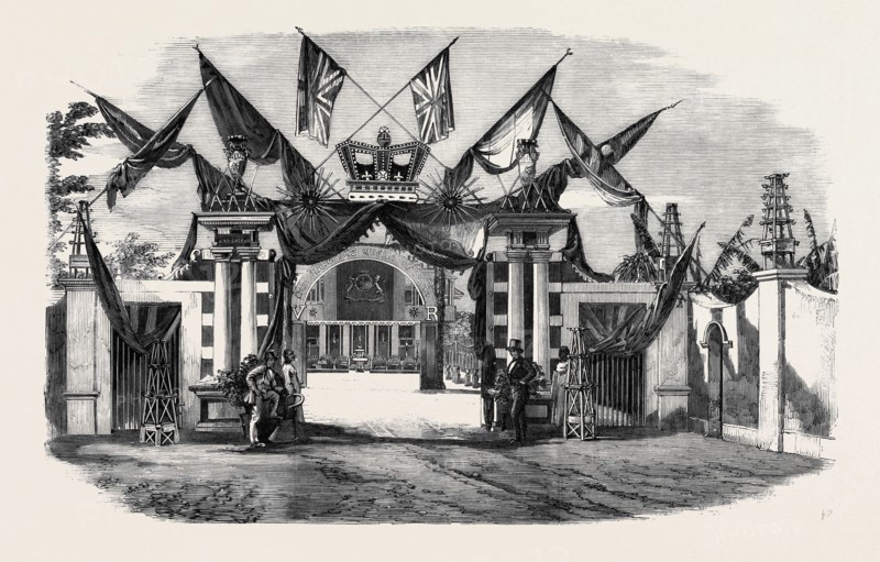 ENTERTAINMENT GIVEN TO LORD ELPHINSTONE AT SANS SOUCI, NEAR BOMBAY, GATEWAY OF THE MANSION DECORATED FOR THE OCCASION