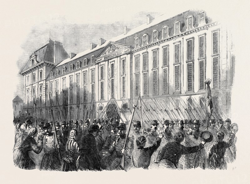 DEPARTURE OF FRENCH TROOPS FOR ITALY, A FRENCH REGIMENT OF THE LINE LEAVING THE PRINCE EUGENE BARRACKS, PARIS
