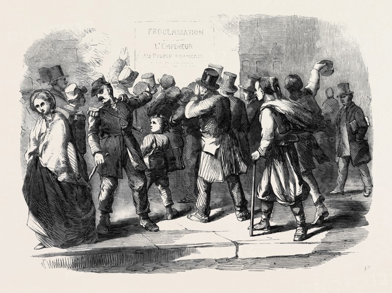 THE WAR IN ITALY, READING THE EMPEROR NAPOLEON'S PROCLAMATION, A STREET SCENE IN PARIS