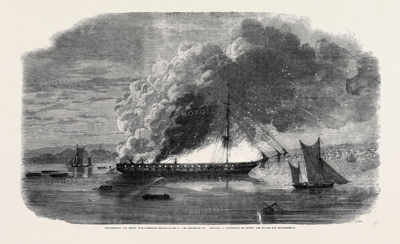 BURNING OF THE "EASTERN MONARCH" AT SPITHEAD, FROM A SKETCH TAKEN AT HASLAR HOSPITAL