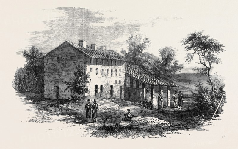 THE WAR IN ITALY, AUSTRIAN POST NEAR THE RAILWAY BRIDGE AT VALENZA, FROM A SKETCH BY M. BEAUCE