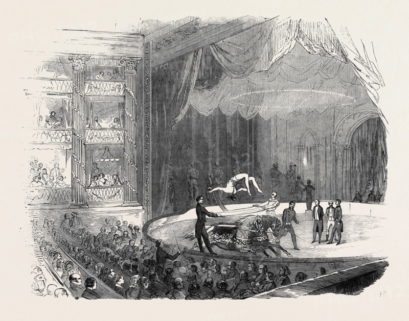 AMERICAN AND FRENCH EQUESTRIANS AT DRURY-LANE THEATRE, MR. M'COLLUM'S FEAT ON TWO HORSES