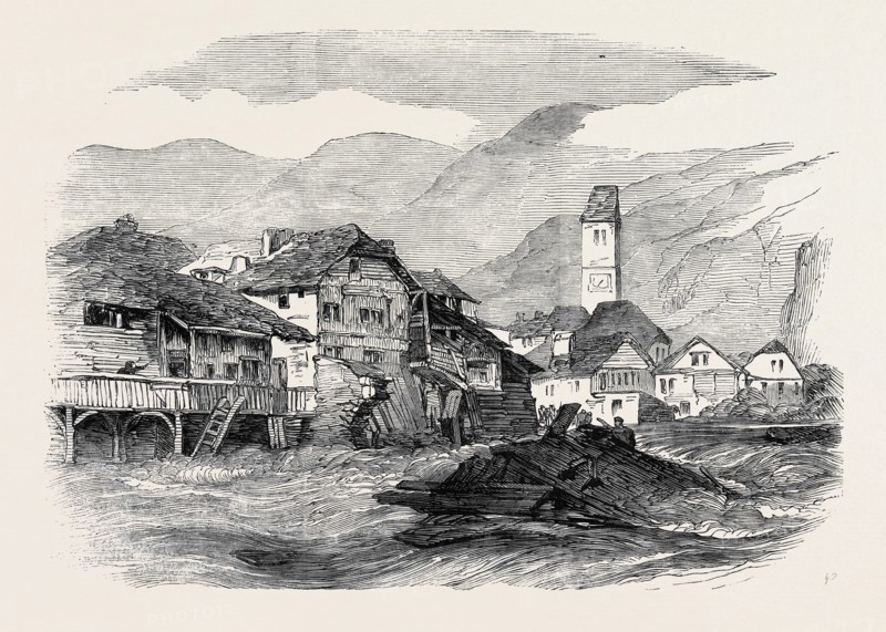 INUNDATION OF THE RIVER AAR, AT UNTERSEEN, SWITZERLAND, ON AUGUST 1, REMAINS OF HOUSES ABOVE THE BRIDGE