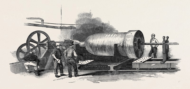 BORING THE CYLINDER OF THE "BRITANNIA PRESS," AT THE BANK QUAY FOUNDRY, WARRINGTON, CYLINDRER OF THE GREAT HYDRAULIC PRESS USED FOR RAISING THE TUBES OF THE BRITANNIA BRIDGE