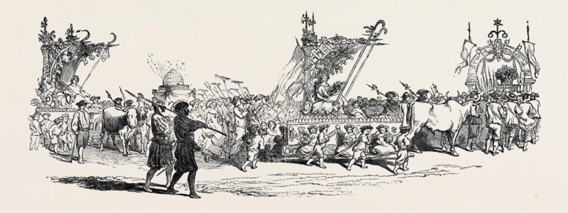LA FETE DES VIGNERONS, AT VEVEY: ON THE LEFT CAN BE SEEN THE CAR OF CERES REPRESENTING SUMMER; ON THE RIGHT CAN BE SEEN THE CAR OF PALLAS REPRESENTING SPRING