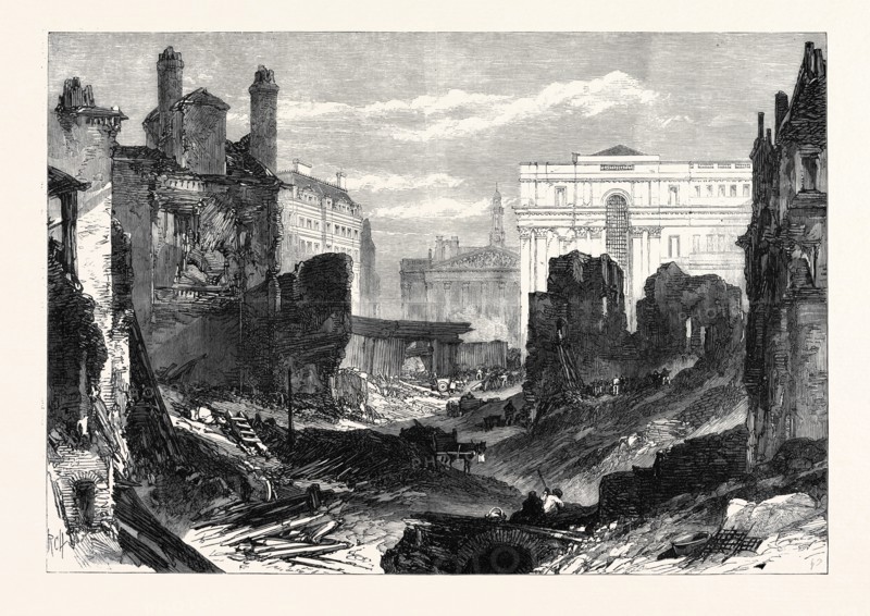 LONDON IMPROVEMENTS: DEMOLITIONS IN THE POULTRY FOR THE NEW STREET LEADING FROM THE THAMES EMBANKMENT, UK, 1869