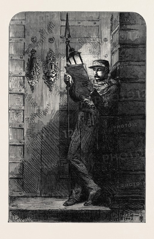 THE REVOLUTION IN SPAIN: SENTINEL READING THE NEWS AT MIDNIGHT, 1869
