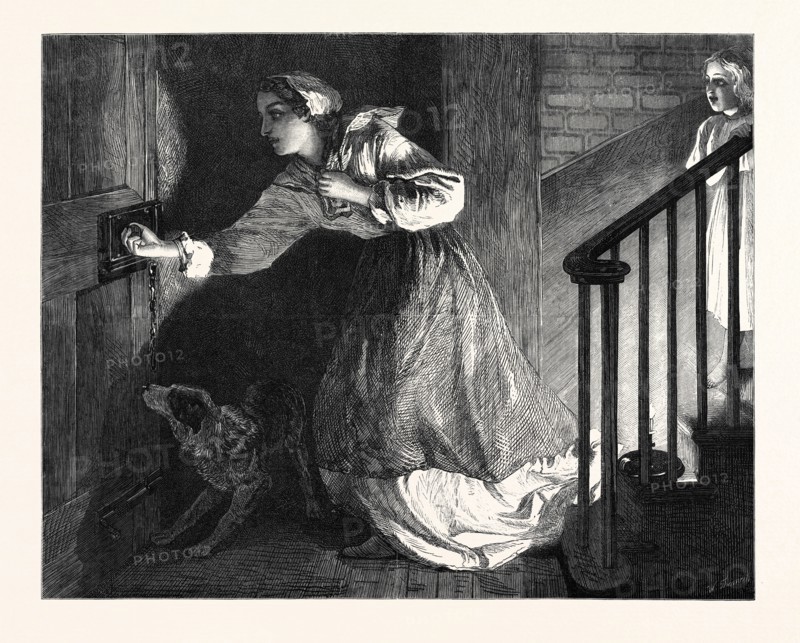 "THE WELL-KNOWN KNOCK," BY R. CARRICK, IN THE EXHIBITION AT THE FRENCH GALLERY, PALL MALL, LONDON, UK, 1869