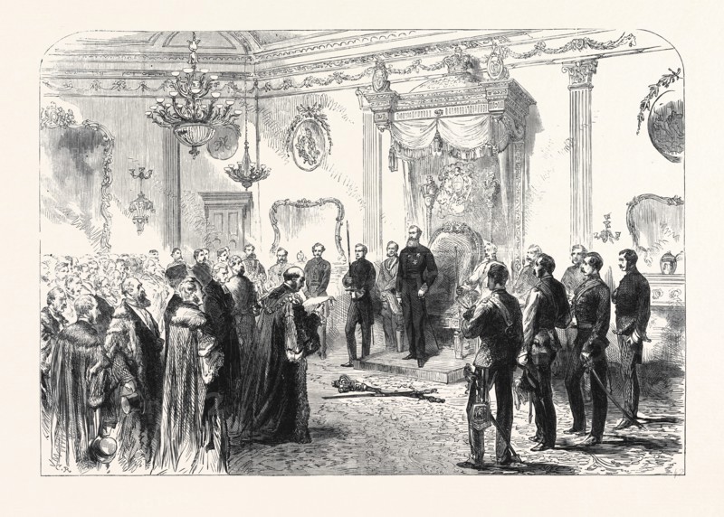 THE RIGHT HON. EARL SPENCER, K.G , LORD LIEUTENANT OF IRELAND, HOLDING A STATE RECEPTION AT DUBLIN CASTLE, 1869