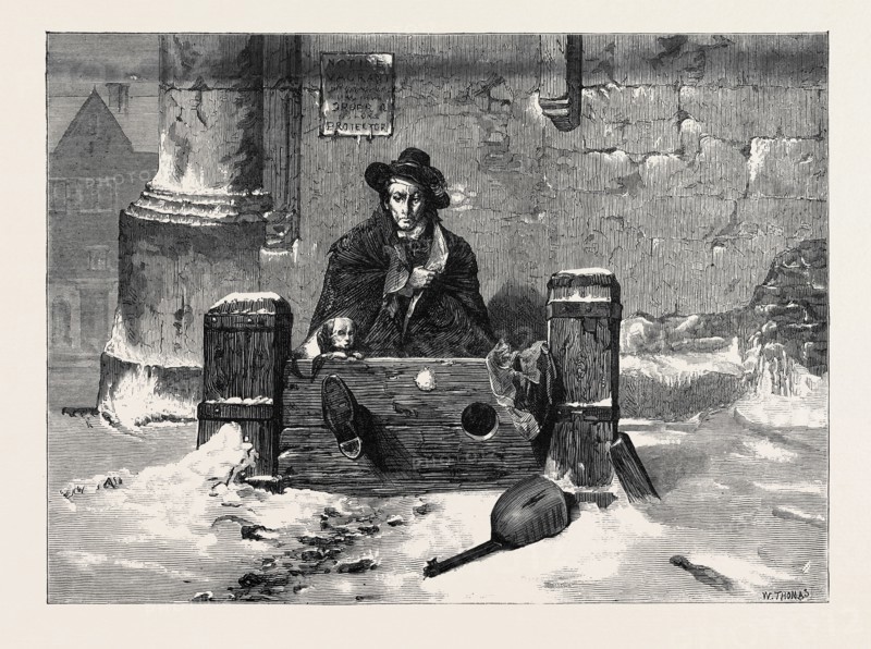 "LEFT OUT IN THE COLD," BY J. RITCHIE, FROM THE WINTER EXHIBITION AT THE FRENCH GALLERY, PALL MALL, LONDON, UK, 1869