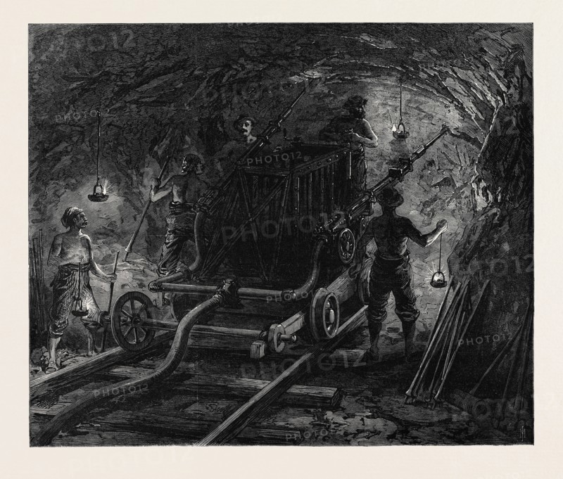 THE NEW OVERLAND ROUTE TO INDIA AND THE RAILWAY TUNNEL OF THE ALPS: BORING MACHINE IN THE SECOND WORKING GALLERY, 1869