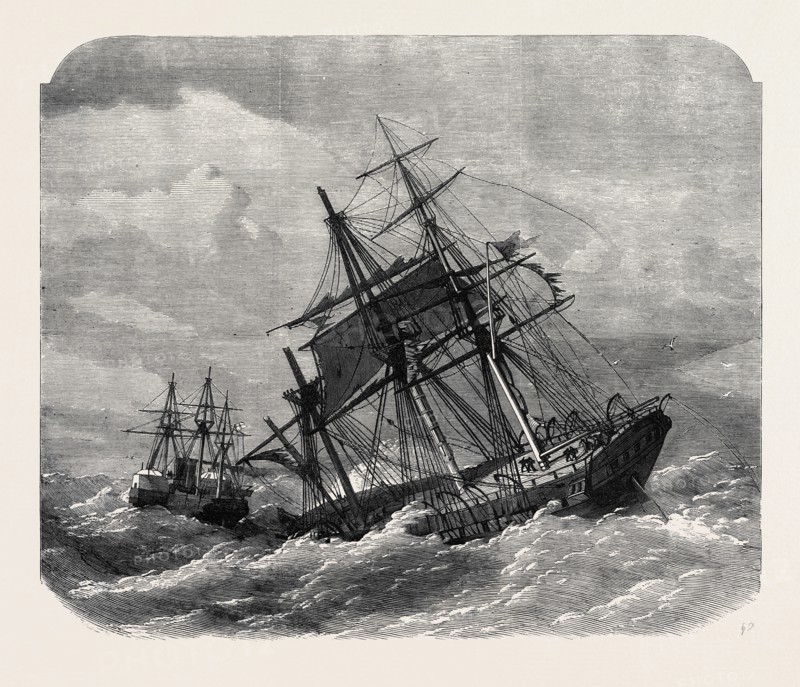 THE LATE COLLISION OFF THE LIZARD: H.M.S. TERRIBLE TOWING THE CALCUTTA INTO PLYMOUTH, 1869