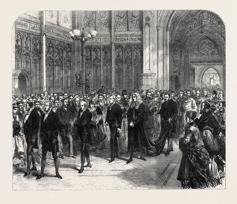 MEETING OF THE REFORMED PARLIAMENT: PROCESSION OF THE SPEAKER OF THE HOUSE OF COMMONS TO THE BAR OF THE HOUSE OF LORDS, LONDON, 1869, UK