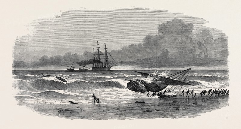 SUPPRESSION OF THE SLAVE TRADE ON THE EAST COAST OF AFRICA: RUNNING ON SHORE OF A SLAVE-DHOW TO ESCAPE CAPTURE, 1869