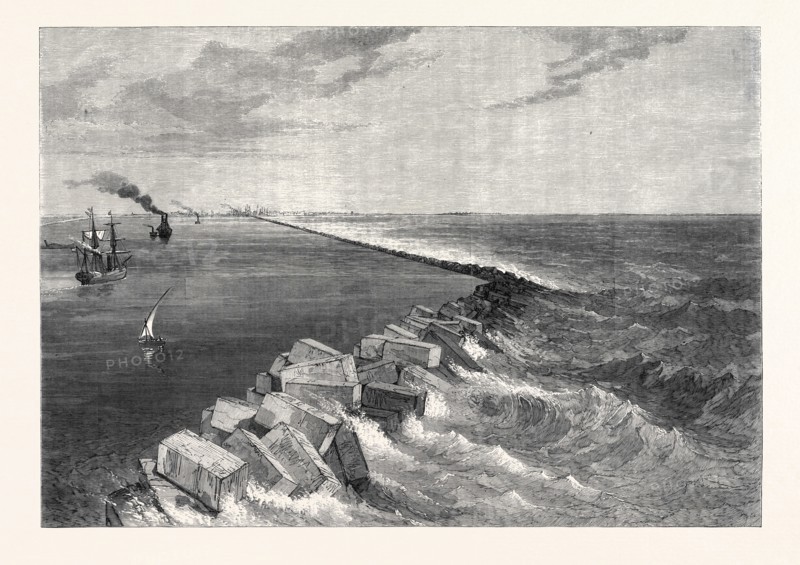 THE ISTHMUS OF SUEZ MARITIME CANAL: BREAKWATER AT PORT SAID, AND MEDITERRANEAN ENTRANCE TO THE CANAL, 1869
