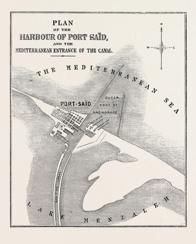 THE ISTHMUS OF SUEZ MARITIME CANAL: PLAN OF THE HARBOUR OF PORT SAÃèÂèD, AND THE MEDITERRANEAN ENTRANCE OF THE CANAL, 1869