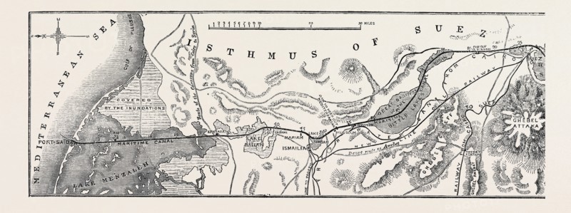 THE ISTHMUS OF SUEZ MARITIME CANAL: PLAN OF THE MARITIME CANAL, WITH THE SMALL FRESH-WATER CANAL, 1869