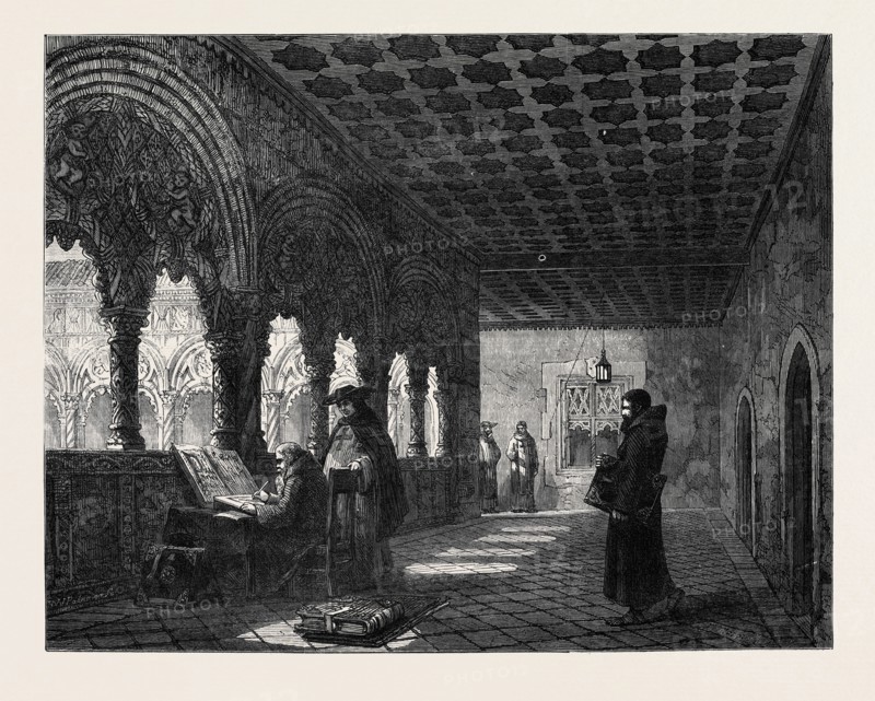 "MONKS ILLUMINATING IN A CONVENT AT VALLADOLID, SPAIN," BY T.R. MACQUOID, IN THE GENERAL EXHIBITION OF WATER COLOUR DRAWINGS, 1869