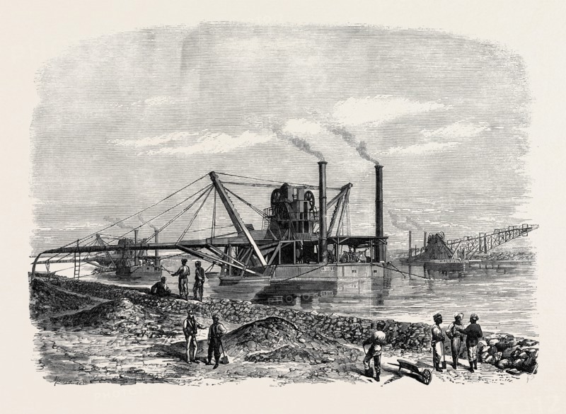 THE ISTHMUS OF SUEZ MARITIME CANAL: DREDGES AND ELEVATORS AT WORK, 1869