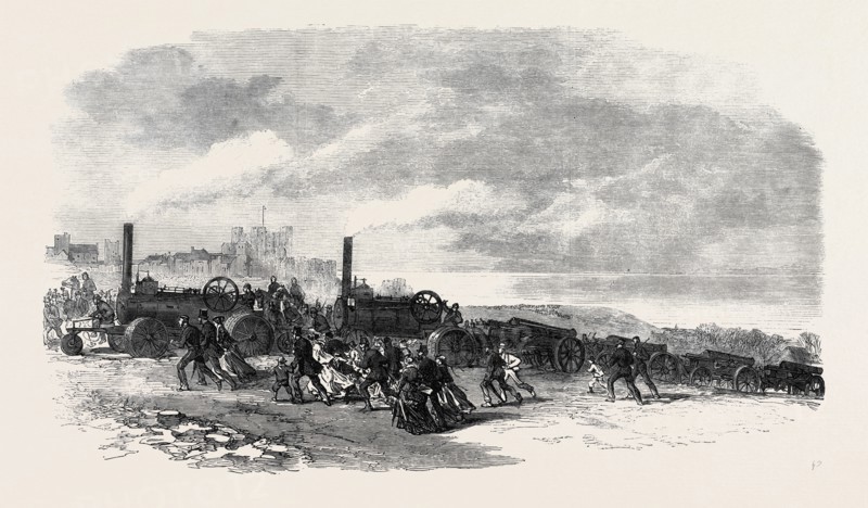 THE VOLUNTEER REVIEW AT DOVER: TRACTION ENGINES BRINGING VOLUNTEER ARTILLERY INTO POSITION, UK, 1869