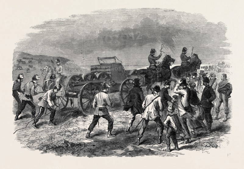 THE VOLUNTEER REVIEW AT DOVER: PAYING OUT THE TELEGRAPH WIRE, UK, 1869