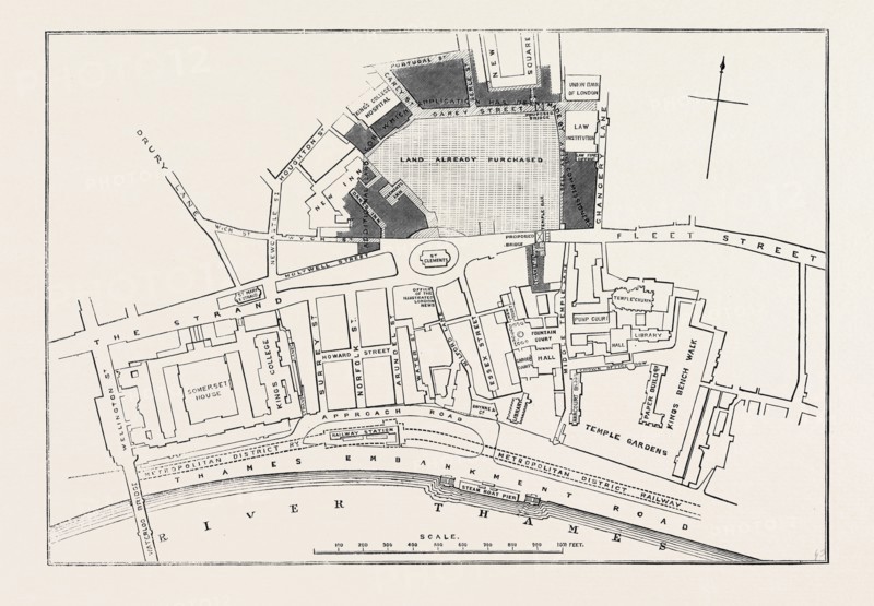 PROPOSED SITES FOR THE NEW LAW COURTS: PLAN OF MR. F. SHIELDS FOR A NEW APPROACH TO THE CAREY STREET SITE, LONDON, 1869, UK