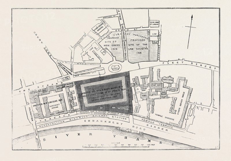 PROPOSED SITES FOR THE NEW LAW COURTS: PLAN OF MR. F. SHIELDS FOR A NEW APPROACH TO THE CAREY STREET SITE, LONDON, 1869, UK