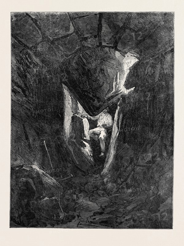 THE EXPLORATIONS AT JERUSALEM: VOUSSOIR OF ROBINSON'S ARCH FALLEN THROUGH THE ARCH OF TUNNEL BELOW, 1869