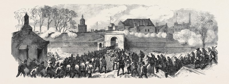 THE VOLUNTEER REVIEW AT PORTSMOUTH: THE DEFENDING FORCE CONCENTRATING AT KING WILLIAM'S GATE, UK, 1869