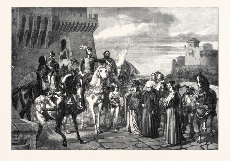 "BERNABO VISCONTI, DUKE OF MILAN, RECEIVING THE NUNCIOS FROM POPE INNOCENT VI., IN 1361," BY GIANNETTI, IN THE CRYSTAL PALACE EXHIBITION