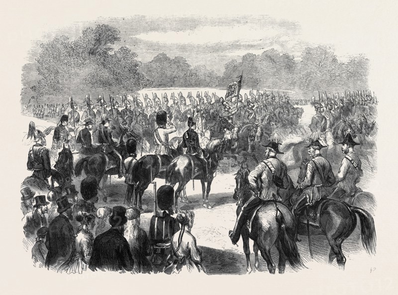THE GUARDS' PARADE AT THE HORSE GUARDS IN HONOUR OF QUEEN VICTORIA'S BIRTHDAY, UK, 1869