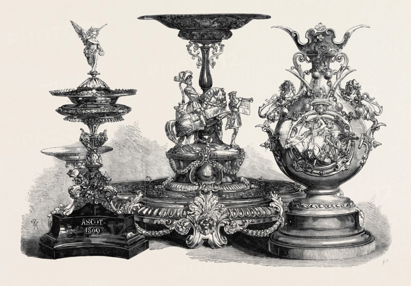 THE ASCOT RACES PRIZE PLATE: THE ROYAL HUNT CUP, LEFT; THE ASCOT CUP, CENTRE; THE QUEEN'S GOLD CUP, RIGHT; 1869