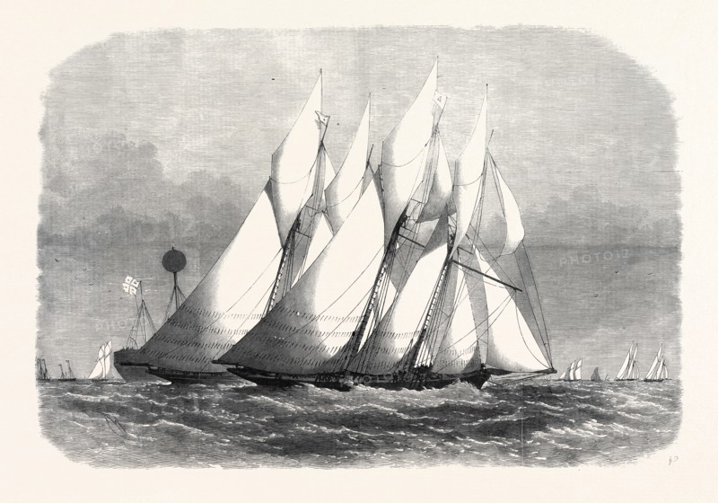 THE ROYAL THAMES YACHT CLUB SCHOONER MATCH, THE CAMBRIA AND WITCHCRAFT ROUNDING THE MOUSE LIGHT, 1869