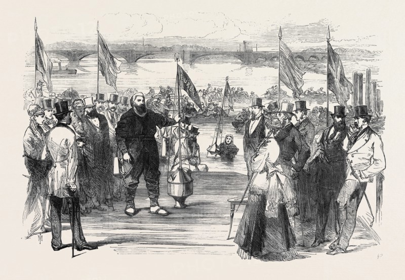 EXPERIMENTS WITH NEW LIFE-SAVING APPARATUS ON THE THAMES, UK, 1869