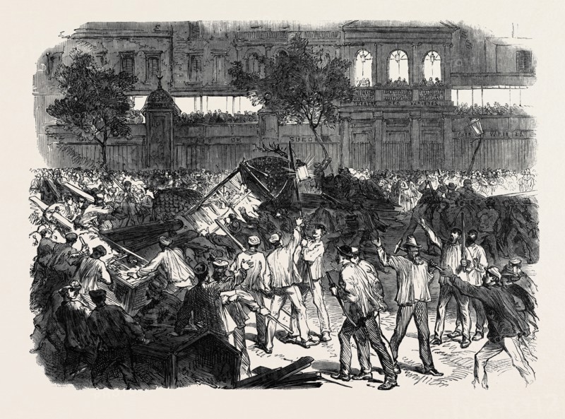 THE DISTURBANCES IN PARIS: THE MOB ATTEMPTING TO CONSTRUCT A BARRICADE ON THE BOULEVARD MONTMARTRE, OPPOSITE THE CAFE DES VARIETES, 1869, FRANCE
