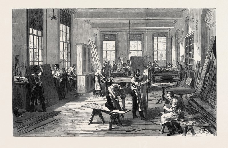 THE GUARDS' INSTITUTE, VAUXHALL BRIDGE ROAD, LONDON, THE CARPENTERS' SHOP, 1869, UK