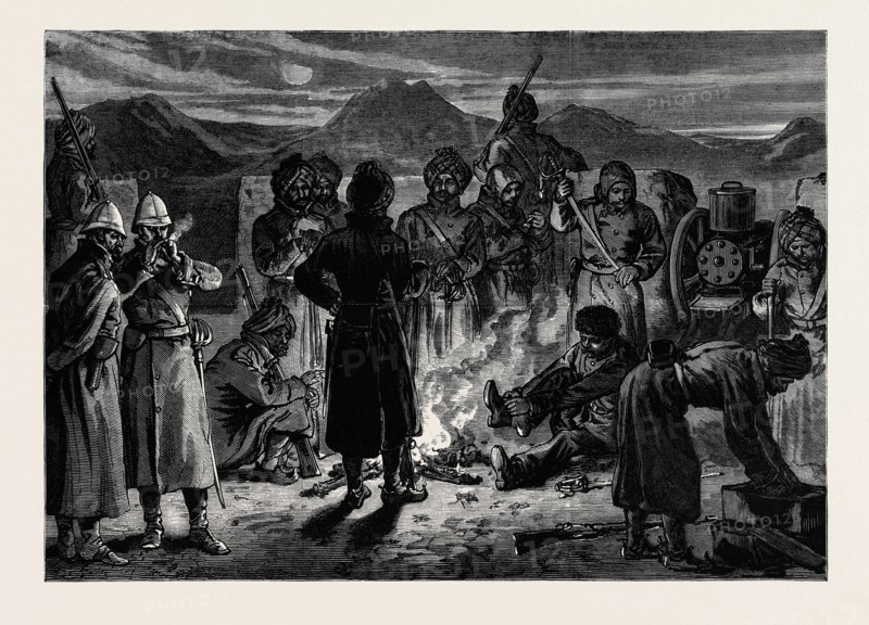 THE AFGHAN WAR: DEFENCE OF THE BRITISH POSITION AT SHERPORE, CABUL: THE GATLING GUN BASTION ON DEC. 23 PREPARING TO REPEL THE ATTACK OF THE GHAZIS, 1880