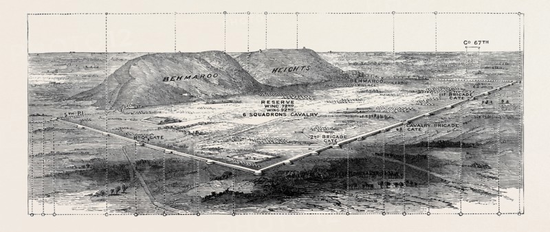 THE AFGHAN WAR: BIRD'S-EYE VIEW OF DEFENCES OF THE SHERPORE CANTONMENT, SHOWING POSITIONS OF THE TROOPS IN GARRISON, 1880