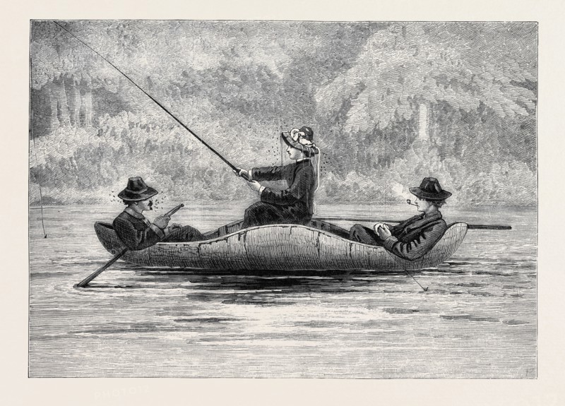 FISHING ON THE RISTIGOUCHE, IN CANADA: DRAWING BY PRINCESS LOUISE, IN THE EXHIBITION OF THE SOCIETY OF PAINTERS IN WATER COLOURS, 1880