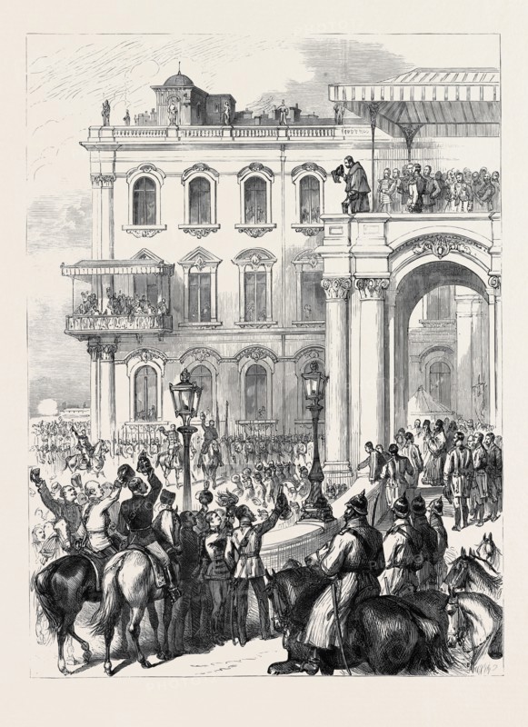 THE EMPEROR OF RUSSIA BOWING TO THE PEOPLE FROM THE SOLTYKOFF BALCONY OF THE WINTER, ST. PETERSBURG, 1880