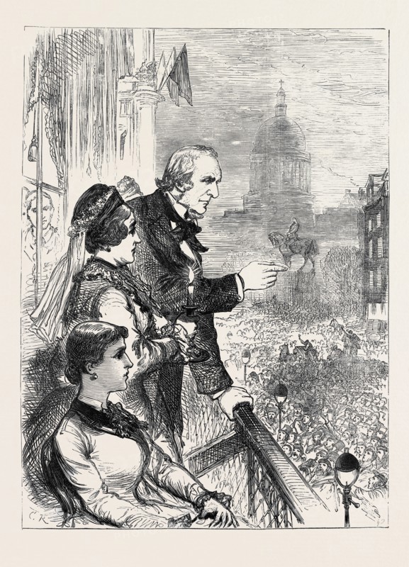 THE MIDLOTHIAN ELECTION: MR. GLADSTONE ADDRESSING THE CROWD FROM THE BALCONY OF LORD ROSEBERY'S HOUSE, IN GEORGE STREET, EDINBURGH, EIGHT P.M., MONDAY, APRIL 5, 1880