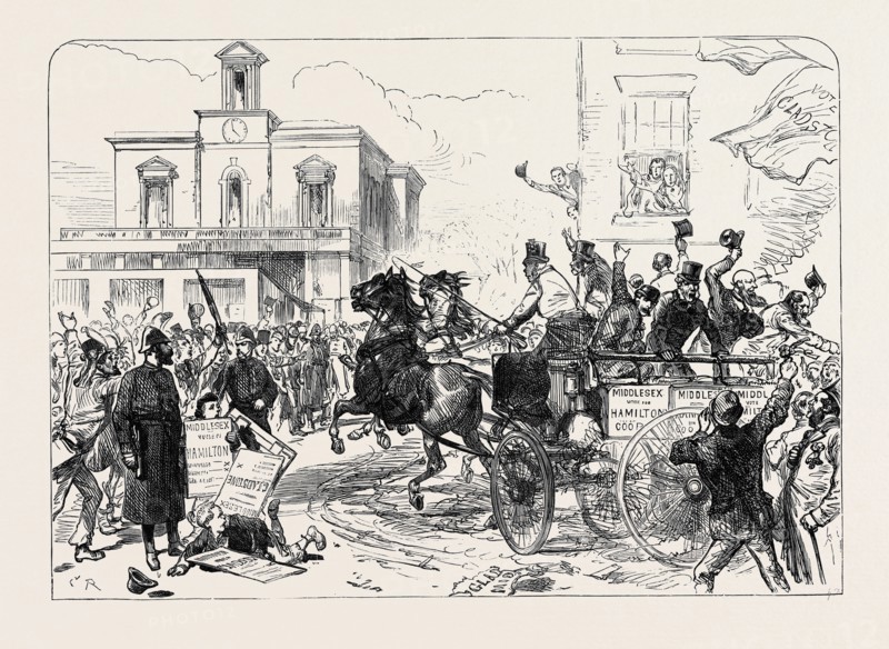 THE GENERAL ELECTION: THE MIDDLESEX ELECTION: TWO MINUTES TO FIVE, AT BRENTFORD, 1880
