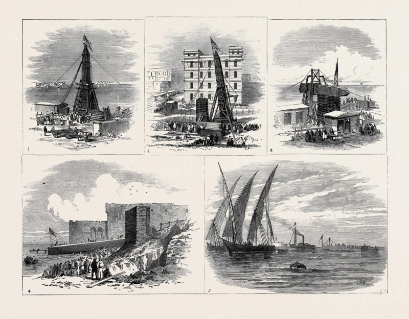 REMOVAL OF ANOTHER OBELISK FROM ALEXANDRIA, FOR TRANSPORT TO NEW YORK: 1. Obelisk erect, with lowering gear attached; 2. Lowering of Obelisk; 3. Obelisk horizontal, resting on stack of wood; 4. Launch of raft, with Obelisk; 5. Raft with Obelisk, off harbour of Alexandria; 1880