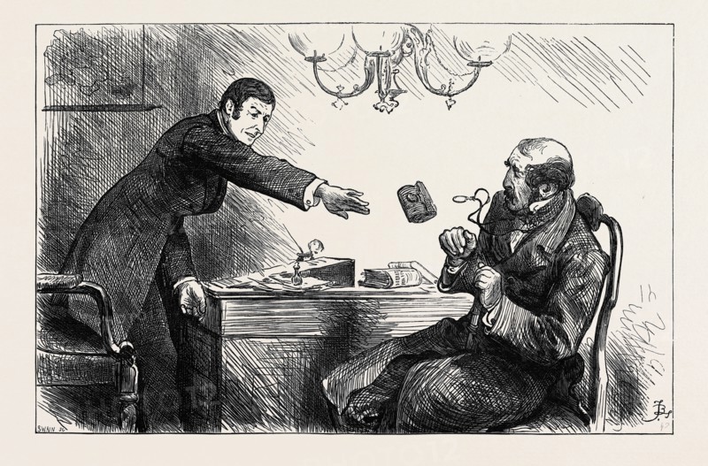 "The usurer, however, chucked him scornfully an old pocket-book with a ten-pound note inside, saying. 'There 's your own money back again, with interest, Magpie!'", 1880