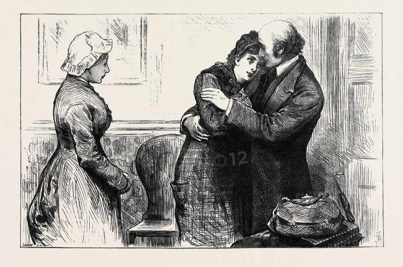 "Then she packed up such few things as she wanted, and kissed her father, with her prim little black silk bonnet on, ready to start.", 1880