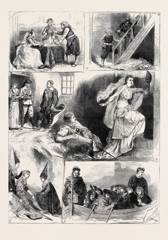 TABLEAUX VIVANTS, FROM SIR WALTER SCOTT'S NOVELS, AT CROMWELL HOUSE, SOUTH KENSINGTON, LONDON, 1880; 1. Kenilworth, chap. xxii.; 2. Kenilworth, chap. xli.; 3. Woodstock, chap. iv.; 4. Ivanhoe, chap. xxx.; 5. Quentin Durward, chap. xv.; 6. The Abbot, chap. xxxv.