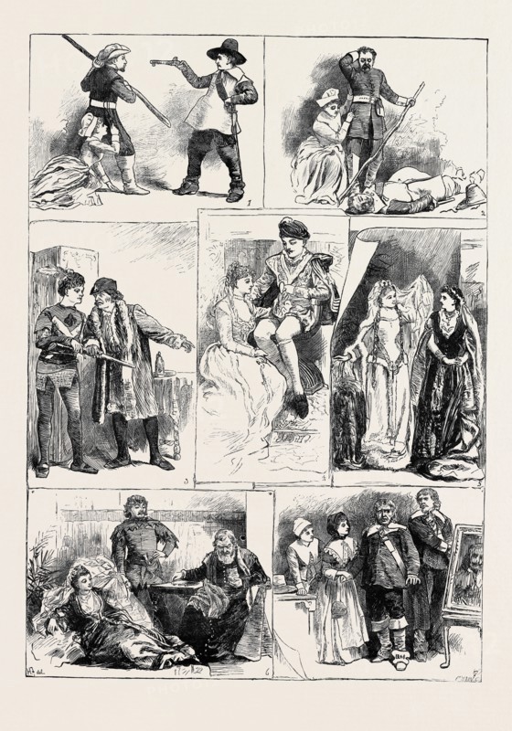 TABLEAUX VIVANTS, FROM SIR WALTER SCOTT'S NOVELS, AT CROMWELL HOUSE, SOUTH KENSINGTON, LONDON, 1880; 1. Woodstock, chap. xxxiv.; 2. Woodstock, chap. xxiv.; 3. Quentin Durward, chap. x.; 4. Kenilworth, chap. vii.; 5. Ivanhoe, chap. xliv.; 6. Ivanhoe, chap. xi.; 7. Woodstock, chap. viii.