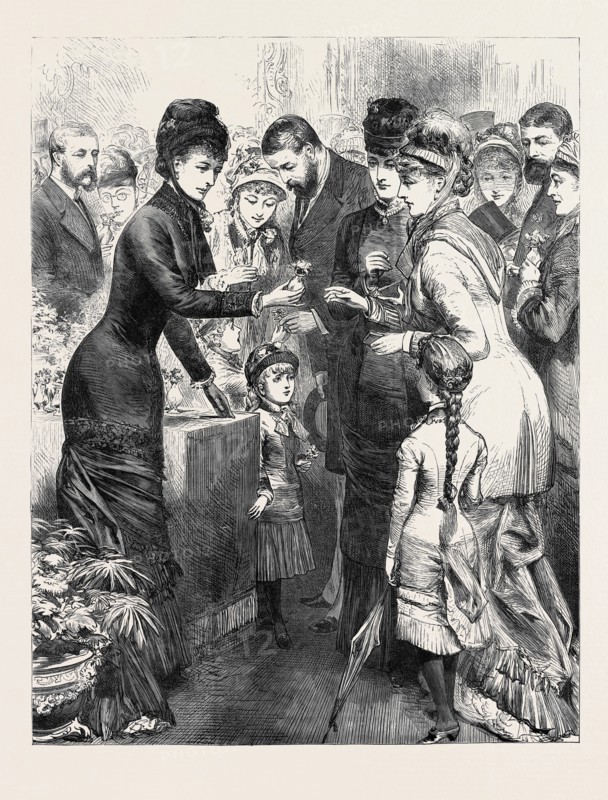 THE PRINCESS OF WALES SELLING FLOWERS AT THE BAZAAR FOR THE KENSINGTON INDUSTRIAL AND TRAINING GIRLS' SCHOOL, 1880